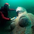Colossal red granite statue of a Ptolemaic queen, 4.9 m high and weighing 4 tons, found close to the great temple of sunken Heracleion.